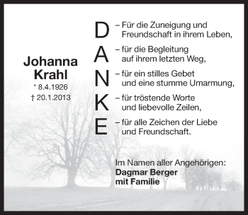 Traueranzeige von Johanna Krahl von Pegnitz-Zeitung